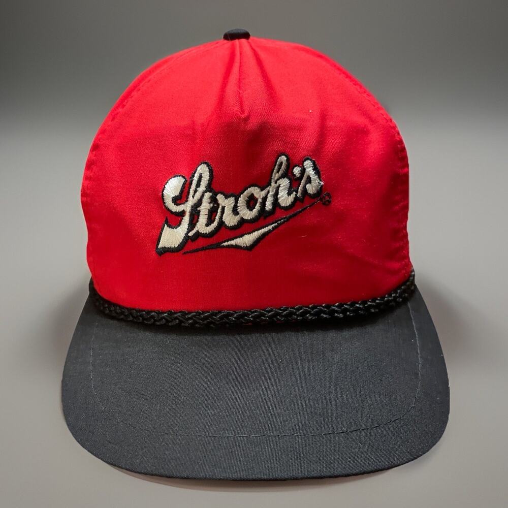 Vtg Strohs Beer Hat Cap SnapBack Rope Trucker Black Red NWOT
